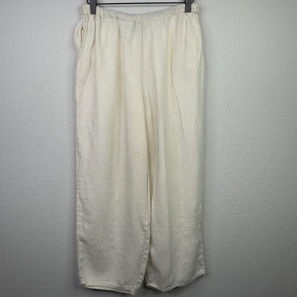 FLAX Linen Pants Womens M Cream Elastic Waist Pull On Boho Minimalist Coastal